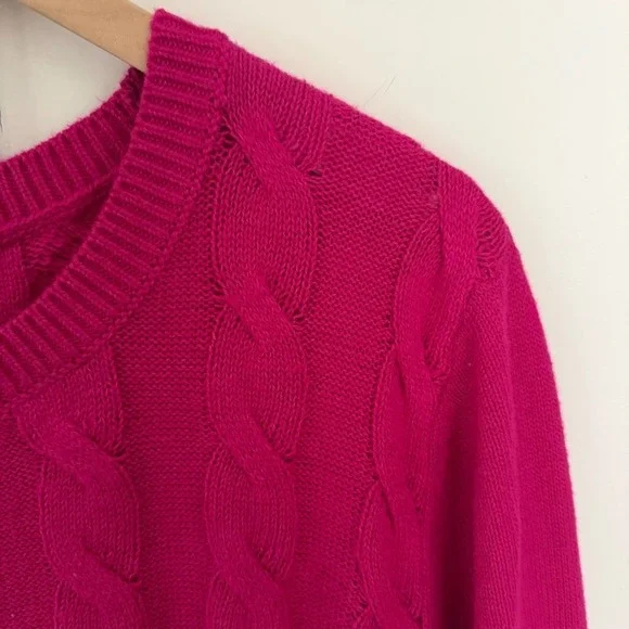 Talbots Women's Sweater Cable Knit Crewneck Hot Pink Cotton Chunky Preppy XL - Picture 3 of 9